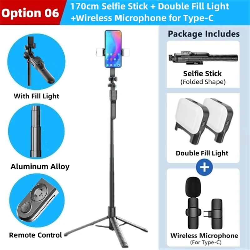 FANGTUOSI 1750mm Wireless Selfie Stick Tripod Stand Foldable Monopod With Led Light For Smartphones Balance Steady Shooting Live